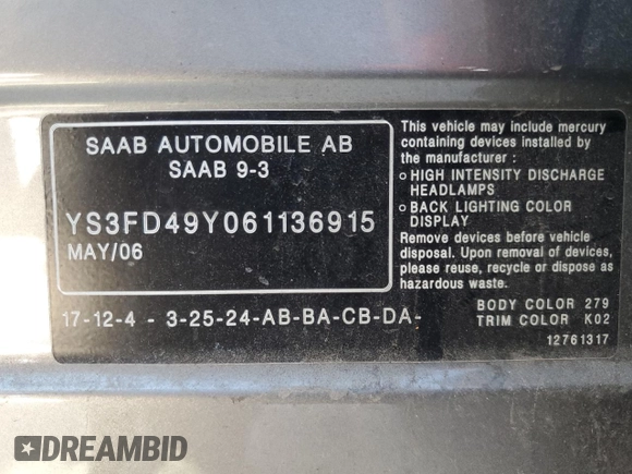 2006 Saab 9-3 z VIN YS3FD49Y061136915, wystawiony jako Copart lot #69597874 z przebiegiem 155 479 mil mil oraz Szkoda całkowita • Salvage title. Historia ofert i sprzedaży dostępna na DreamBid. Obrazek 12.
