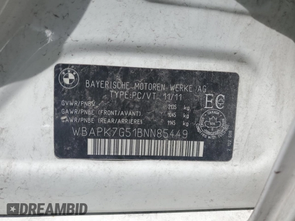 2011 BMW 3 Series 328i xDrive z VIN WBAPK7G51BNN85449, wystawiony jako Copart lot #57026045 z przebiegiem 171 907 mil mil oraz Szkoda całkowita • Salvage title. Historia ofert i sprzedaży dostępna na DreamBid. Obrazek 12.