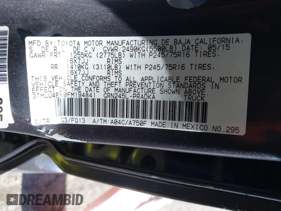 2015 Toyota Tacoma with VIN 3TMLU4EN0FM194841, listed as a IAAI auction lot 41860349 with 200,005 mi miles and . Bid and sale history available at DreamBid. Image 9.