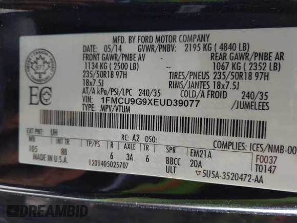 2014 Ford Escape SE with VIN 1FMCU9G9XEUD39077, listed as a IAAI auction lot 42205040 with 92,355 mi miles and . Bid and sale history available at DreamBid. Image 9.