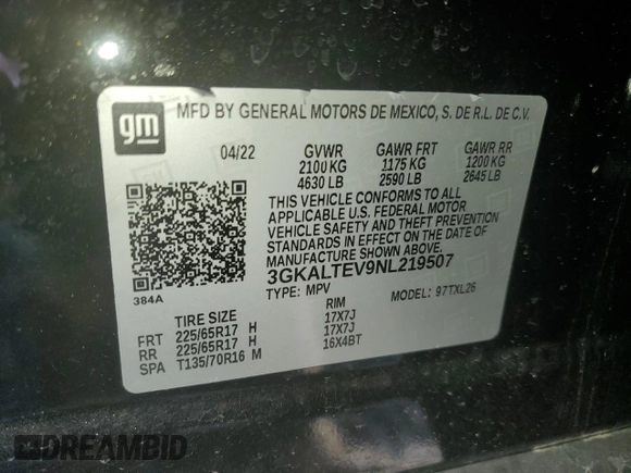 2022 GMC Terrain SLE with VIN 3GKALTEV9NL219507, listed as a Copart auction lot 49863475 with 64,256 mi miles and Non repairable. Bid and sale history available at DreamBid. Image 14.