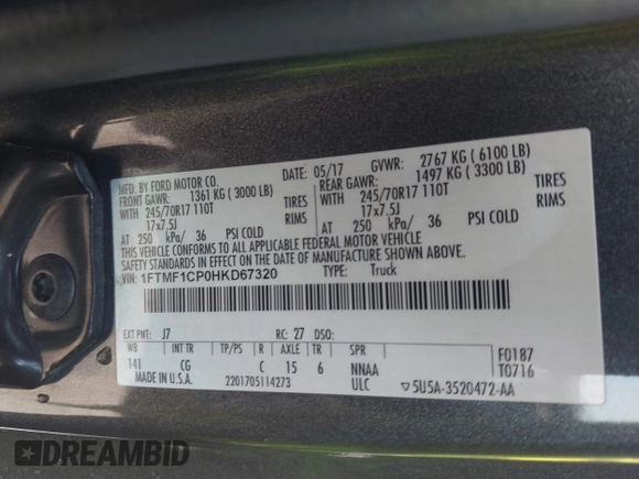 2017 Ford F-150 XL with VIN 1FTMF1CP0HKD67320, listed as a IAAI auction lot 42543224 with 143,913 mi miles and . Bid and sale history available at DreamBid. Image 9.
