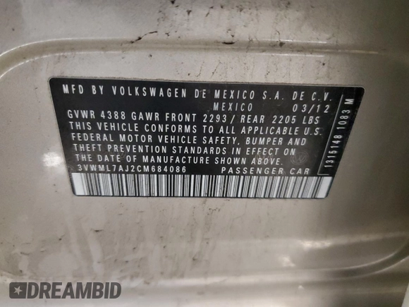 2012 Volkswagen Jetta TDI с VIN 3VWML7AJ2CM684086, выставлен на аукционе Copart как лот 57240705 с пробегом 66 496 миль миль и Списание • Salvage title. История ставок и продаж доступна на DreamBid. Изображение 13.