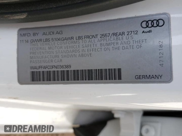 2015 Audi A6 2.0T Premium with VIN WAUFFAFC0FN036389, listed as a Copart auction lot 41584013 with 86,601 mi miles. Bid and sale history available at carsss.com. Image 14.