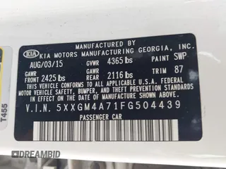 2015 Kia Optima LX with VIN 5XXGM4A71FG504439, listed as a IAAI auction lot 42470149 with 142,076 mi miles and . Bid and sale history available at DreamBid. Image 9.