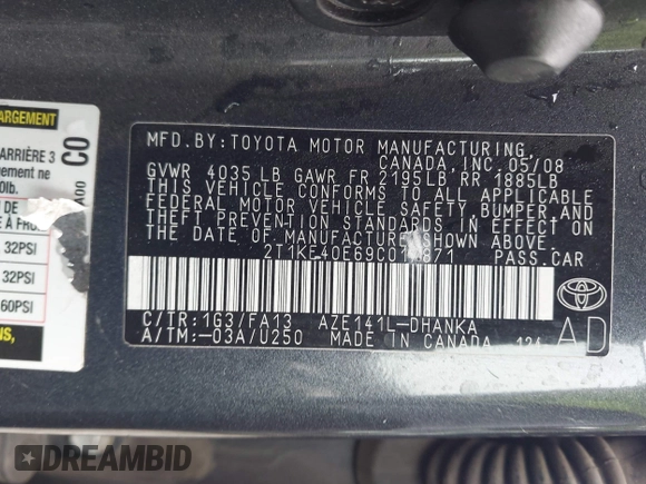 2009 Toyota Matrix S with VIN 2T1KE40E69C017871, listed as a IAAI auction lot 42526992 with 162,619 mi miles and . Bid and sale history available at DreamBid. Image 9.