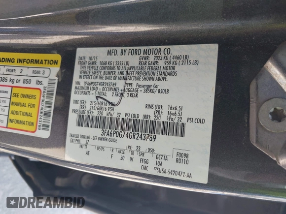 2016 Ford Fusion S with VIN 3FA6P0G74GR243769, listed as a IAAI auction lot 42566152 with 205,474 mi miles and . Bid and sale history available at DreamBid. Image 9.