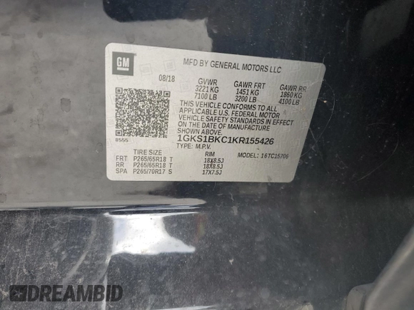 2019 GMC Yukon SLT with VIN 1GKS1BKC1KR155426, listed as a Copart auction lot 69498504 with 161,387 mi miles and Salvage Title. Bid and sale history available at carsss.com. Image 12.