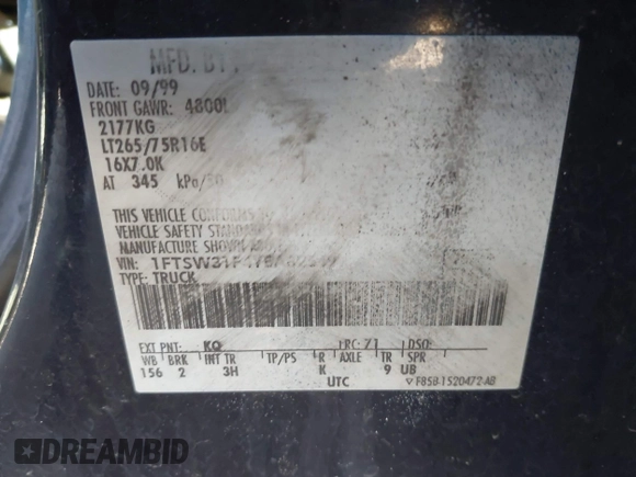 2000 Ford F-350 XL with VIN 1FTSW31F4YEA82549, listed as a IAAI auction lot 41347100 with 163,373 mi miles and . Bid and sale history available at DreamBid. Image 9.
