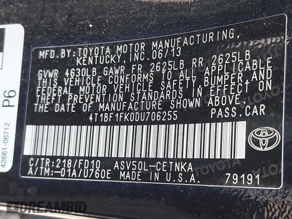 2013 Toyota Camry L with VIN 4T1BF1FK0DU706255, listed as a IAAI auction lot 42026182 with 88,372 mi miles. Bid and sale history available at carsss.com. Image 9.