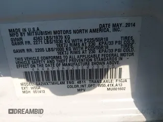 2014 Mitsubishi Outlander ES z VIN 4A4AP3AU2EE029585, wystawiony jako IAAI lot #42305373 z przebiegiem 84 746 mil mil oraz . Historia ofert i sprzedaży dostępna na DreamBid. Obrazek 9.
