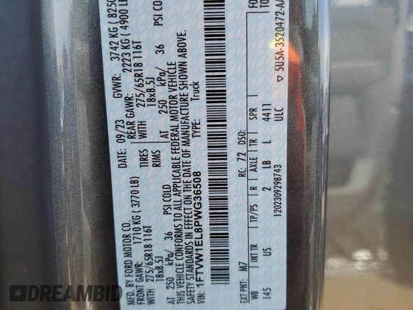 2023 Ford F-150 Lightning Pro z VIN 1FTVW1EL8PWG36508, wystawiony jako Copart lot #54178165 z przebiegiem 18 928 mil mil oraz Szkoda całkowita • Salvage title. Historia ofert i sprzedaży dostępna na DreamBid. Obrazek 12.