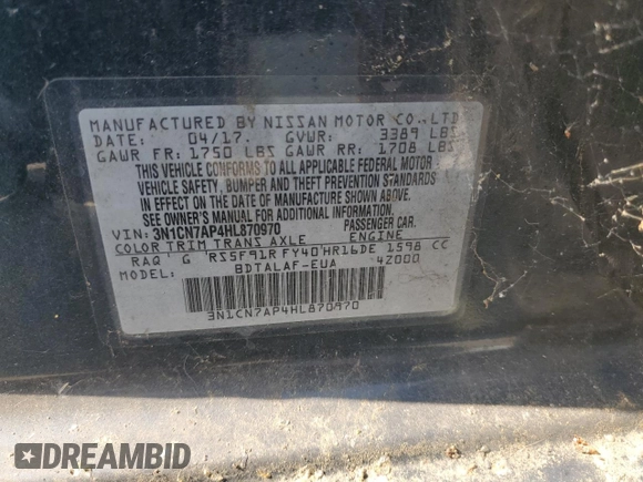 2017 Nissan Versa S Plus z VIN 3N1CN7AP4HL870970, wystawiony jako Copart lot #59302015 z przebiegiem 70 568 mil mil oraz Szkoda całkowita • Salvage title. Historia ofert i sprzedaży dostępna na DreamBid. Obrazek 12.