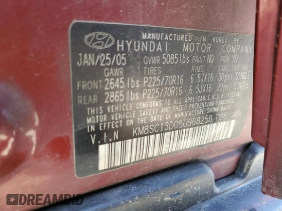 2005 Hyundai Santa Fe GLS with VIN KM8SC13D05U968258, listed as a Copart auction lot 48383205 with 190,131 mi miles and Salvage Title. Bid and sale history available at carsss.com. Image 15.