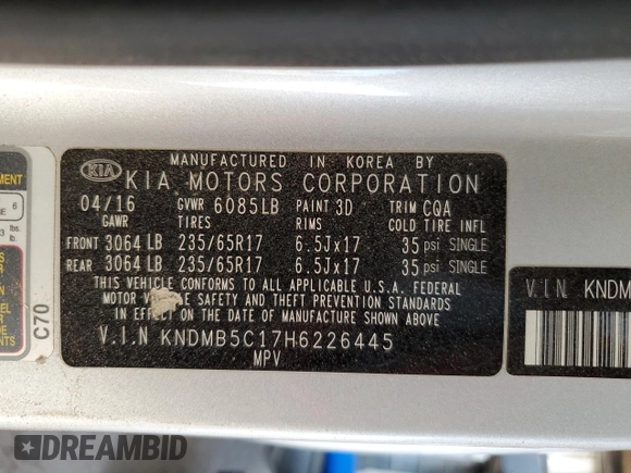 2017 Kia Sedona LX with VIN KNDMB5C17H6226445, listed as a Copart auction lot 52016445 with 173,136 mi miles and Salvage Title. Bid and sale history available at carsss.com. Image 15.