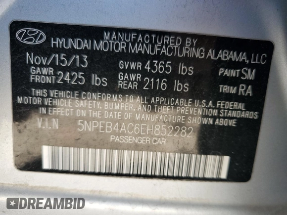 2014 Hyundai Sonata GLS with VIN 5NPEB4AC6EH852282, listed as a Copart auction lot 54239225 with 197,515 mi miles and Salvage Title. Bid and sale history available at carsss.com. Image 12.