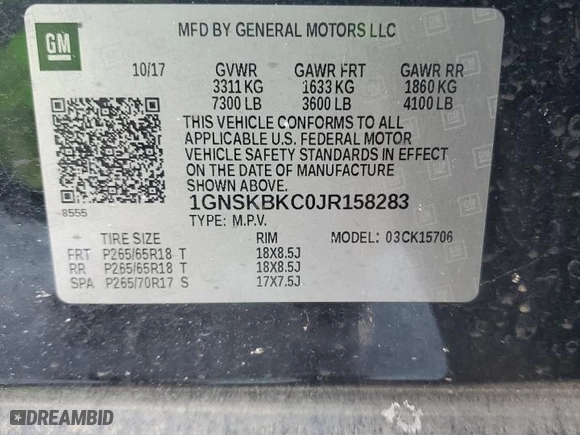 2018 Chevrolet Tahoe LT with VIN 1GNSKBKC0JR158283, listed as a Copart auction lot 45918265 with 0 mi miles and Salvage Title. Bid and sale history available at carsss.com. Image 13.
