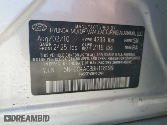 2011 Hyundai Sonata Limited with VIN 5NPEC4AC8BH118199, listed as a Copart auction lot 53072545 with Not Provided miles and Non Repairable. Bid and sale history available at DreamBid. Image 13.