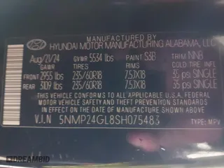 2025 Hyundai Santa Fe SEL with VIN 5NMP24GL8SH075483, listed as a IAAI auction lot 41545150 with 8,951 mi miles. Bid and sale history available at carsss.com. Image 9.