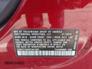 2015 Volkswagen Passat Wolfsburg Edition with VIN 1VWAT7A33FC061862, listed as a IAAI auction lot 42605981 with 179,456 mi miles and . Bid and sale history available at DreamBid. Image 9.