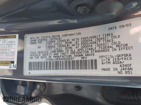 2004 Toyota 4Runner SR5 with VIN JTEBU14R540022637, listed as a IAAI auction lot 41655823 with 240,503 mi miles and . Bid and sale history available at DreamBid. Image 9.