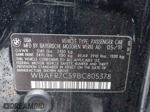 2011 BMW 5 Series 535i with VIN WBAFR7C59BC805378, listed as a IAAI auction lot 41531866 with 108,423 mi miles and . Bid and sale history available at DreamBid. Image 9.