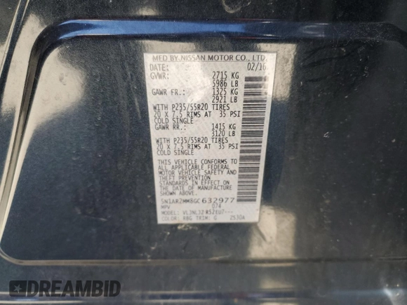 2016 Nissan Pathfinder Platinum with VIN 5N1AR2MM8GC632977, listed as a Copart auction lot 52808275 with 111,490 mi miles and Salvage Title. Bid and sale history available at carsss.com. Image 13.