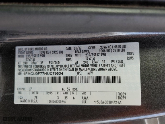 2017 Ford Escape S with VIN 1FMCU0F77HUC79534, listed as a Copart auction lot 46041915 with 69,534 mi miles and Clean Title. Bid and sale history available at carsss.com. Image 13.