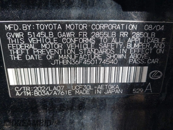2005 Lexus LS 430 z VIN JTHBN36F450174540, wystawiony jako IAAI lot #42127938 z przebiegiem 216 251 mil mil oraz . Historia ofert i sprzedaży dostępna na DreamBid. Obrazek 9.