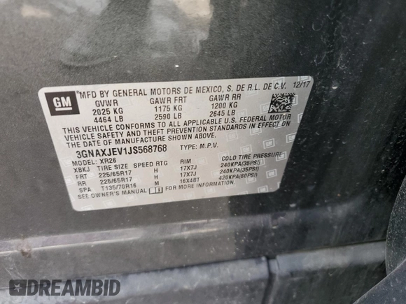 2018 Chevrolet Equinox LT z VIN 3GNAXJEV1JS568768, wystawiony jako Copart lot #57144755 z przebiegiem 93 590 mil mil oraz Szkoda całkowita • Salvage title. Historia ofert i sprzedaży dostępna na DreamBid. Obrazek 13.
