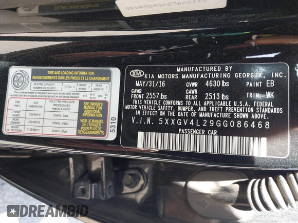 2016 Kia Optima SXL Turbo with VIN 5XXGV4L29GG086468, listed as a IAAI auction lot 41933581 with 186,881 mi miles. Bid and sale history available at carsss.com. Image 9.