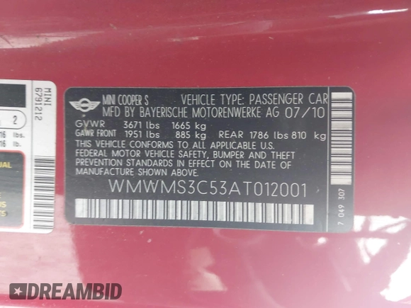 2010 MINI Convertible S z VIN WMWMS3C53AT012001, wystawiony jako IAAI lot #42024826 z przebiegiem 110 471 mil mil oraz . Historia ofert i sprzedaży dostępna na DreamBid. Obrazek 9.