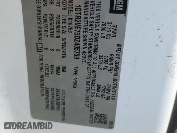 2013 GMC Sierra 1500 SLE with VIN 1GTR2VE75DZ405759, listed as a Copart auction lot 49214215 with Not Provided miles and Clean Title. Bid and sale history available at DreamBid. Image 12.