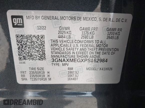 2023 Chevrolet Equinox RS with VIN 3GNAXMEGXPS162984, listed as a IAAI auction lot 42376766 with 46,402 mi miles and . Bid and sale history available at DreamBid. Image 9.