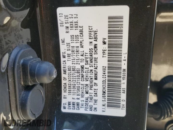 2013 Honda CR-V LX with VIN 5J6RM3H30DL034482, listed as a Copart auction lot 46320545 with 185,809 mi miles and Salvage Title. Bid and sale history available at carsss.com. Image 13.