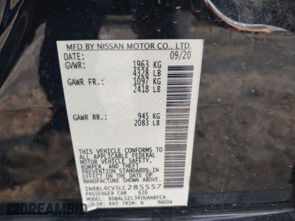 2020 Nissan Altima SR with VIN 1N4BL4CV3LC285557, listed as a IAAI auction lot 41490149 with 71,044 mi miles and . Bid and sale history available at carsss.com. Image 9.