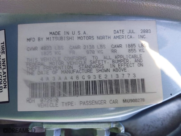 2003 Mitsubishi Galant ES with VIN 4A3AA46G93E213773, listed as a IAAI auction lot 41556766 with 182969 miles. Bid and sale history available at carsss.com. Image 9.
