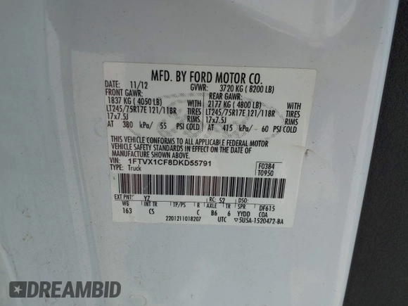 2013 Ford F-150 XL w/HD Payload Pkg with VIN 1FTVX1CF8DKD55791, listed as a IAAI auction lot 41987479 with 285,410 mi miles. Bid and sale history available at carsss.com. Image 9.