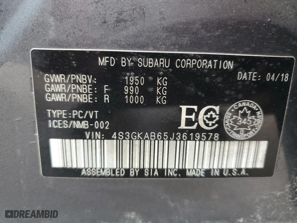 2018 Subaru Impreza Premium with VIN 4S3GKAB65J3619578, listed as a Copart auction lot 46498085 with 0 mi miles and Non Repairable. Bid and sale history available at carsss.com. Image 12.