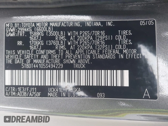 2005 Toyota Tundra SR5 with VIN 5TBDT44105S494229, listed as a IAAI auction lot 41572798 with 182,472 mi miles and . Bid and sale history available at DreamBid. Image 9.