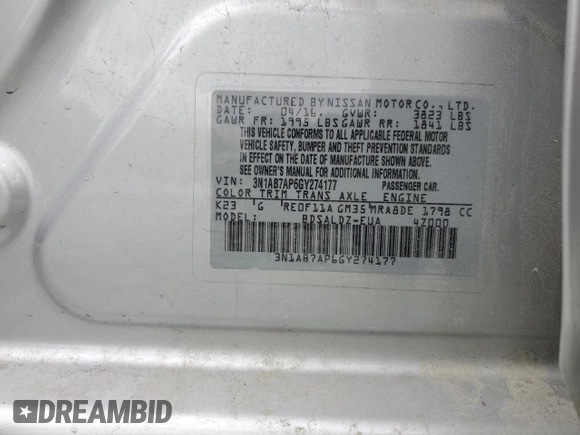 2016 Nissan Sentra SV with VIN 3N1AB7AP6GY274177, listed as a Copart auction lot 52730185 with 111,979 mi miles and Salvage Title. Bid and sale history available at DreamBid. Image 12.