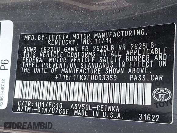 2015 Toyota Camry XLE z VIN 4T1BF1FKXFU003359, wystawiony jako IAAI lot #42309837 z przebiegiem 229 701 mil mil oraz . Historia ofert i sprzedaży dostępna na DreamBid. Obrazek 9.
