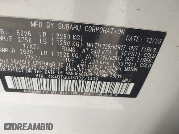 2024 Subaru Outback Wilderness with VIN 4S4BTGUDXR3221439, listed as a IAAI auction lot 41877646 with 27,189 mi miles and . Bid and sale history available at DreamBid. Image 9.