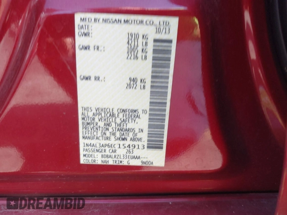 2014 Nissan Altima SV with VIN 1N4AL3AP6EC154913, listed as a IAAI auction lot 41715183 with 284,464 mi miles and . Bid and sale history available at carsss.com. Image 9.