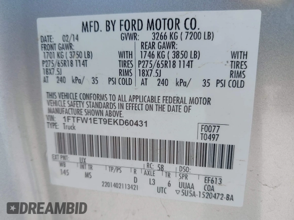 2014 Ford F-150 XL z VIN 1FTFW1ET9EKD60431, wystawiony jako IAAI lot #41994685 z przebiegiem 125 755 mil mil oraz . Historia ofert i sprzedaży dostępna na DreamBid. Obrazek 9.