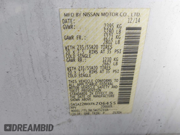 2015 Nissan Murano SL with VIN 5N1AZ2MHXFN206455, listed as a IAAI auction lot 41761533 with 126,514 mi miles and . Bid and sale history available at DreamBid. Image 9.