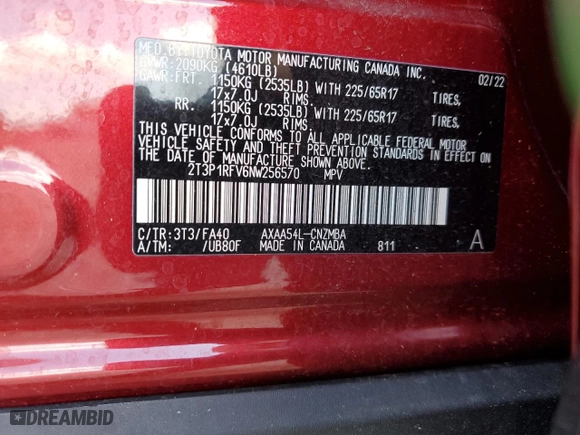 2022 Toyota RAV4 XLE with VIN 2T3P1RFV6NW256570, listed as a Copart auction lot 51862395 with 11,115 mi miles and Salvage Title. Bid and sale history available at carsss.com. Image 14.