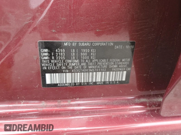 2021 Subaru Impreza with VIN 4S3GTAB63M3701102, listed as a Copart auction lot 59528055 with Not provided miles and Salvage title. Bid and sale history available at DreamBid. Image 12.