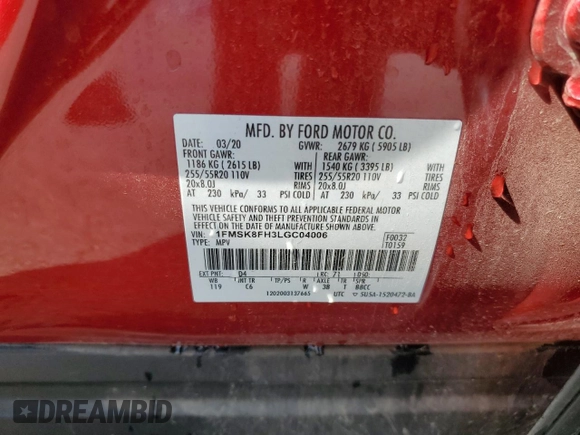 2020 Ford Explorer Limited z VIN 1FMSK8FH3LGC04006, wystawiony jako Copart lot #55095325 z przebiegiem 55 524 mil mil oraz Szkoda całkowita • Salvage title. Historia ofert i sprzedaży dostępna na DreamBid. Obrazek 13.