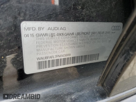2015 Audi A4 Premium с VIN WAUBFAFL7FN043869, выставлен на аукционе Copart как лот 49433994 с пробегом 99 082 миль миль и Списание • Salvage title. История ставок и продаж доступна на DreamBid. Изображение 12.